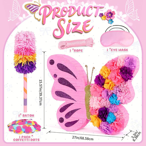 27" Pink Butterfly Pinata for Girls Birthday, Dreamy Floral Party Supplies with Stick, Blindfold & Confetti - Sturdy