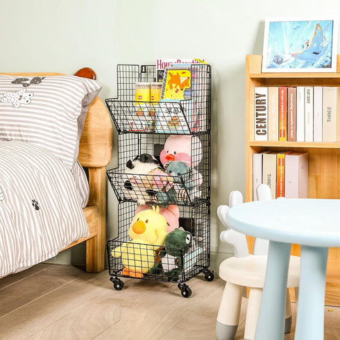 3 Tier Rolling Toy Organizer Basket with Wheels, S-Hooks, Adjustable Chalkboards - Toy Storage Cart for Kids Room