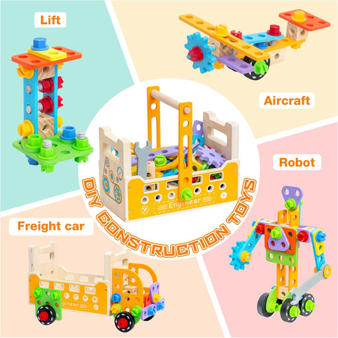 Set 91PCS 3 4 5 (91Pcs) Wooden Kids Tool with Electric Screwdrivers, Educational STEM Construction Toys, Wooden Tool