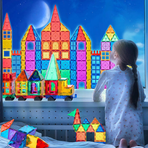 Soyee Magnetic Tiles with 2 Cars, Kids Gifts for 3 Year Old Boys, Educational Toys for Toddlers Age 3-5, Car Train