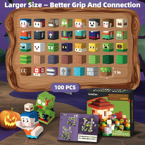 100PCS 3+, GobiDex Magnetic Blocks Game-Based Kid Building Toys for Boys Girls Build MagWonder World with Zomblock