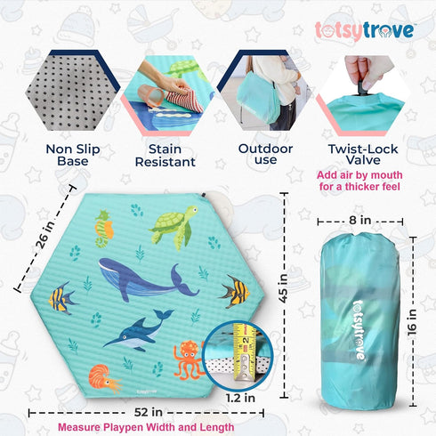 TotsyTrove 52" 45" Self Inflating Hexagon Playpen Mat - x Non-Slip Cushioned Portable Play Area - Thick Soft Baby Play