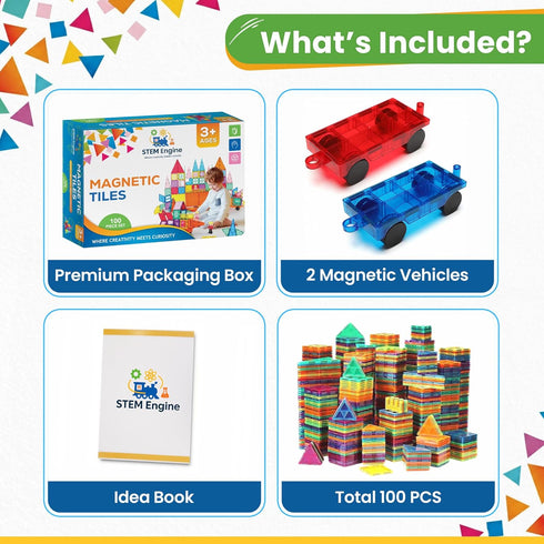 STEM Engine 100 Set Pc Magnetic Tiles Building Blocks for Kids Educational Magnet Toys for Preschool Learning, Creative