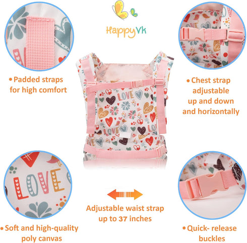 Baby Doll Carrier for Kids - Adjustable Straps Doll Carrier for Little Girls - Pink Love Design