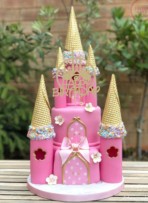 Castle Birthday Cake Topper - Gold Glitter Castle Theme Decoration Supply for Princess Prince Happy Birthday