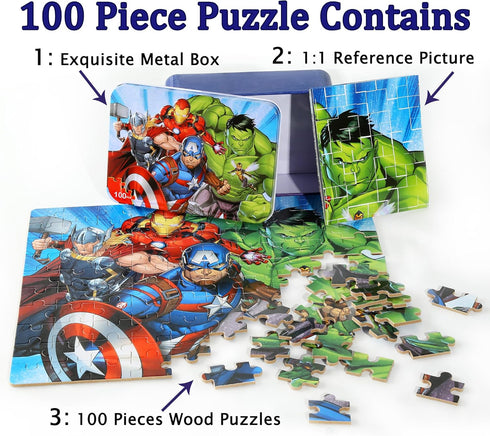 LELEMON 100 Piece Avengers Jigsaw Puzzle for Kids Ages 4-8, Portable Metal Storage Box, Educational Toy