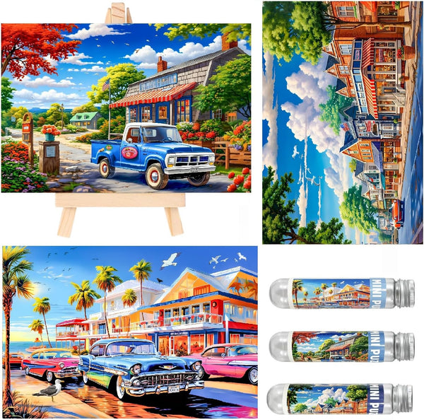 Small Jigsaw Puzzles for Adults 150 Pieces Vintage American Street View Mini Puzzles, 6 x 4 Inches, 3 Pcs, Mini Easel