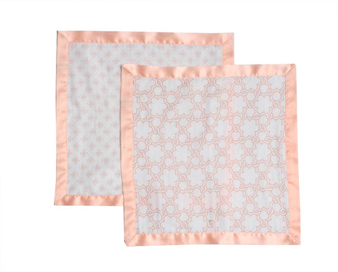 Bacati Petals/Floral Muslin with Sateen Trim, 2 Piece Security Blankets, Coral, 14" x 14"
