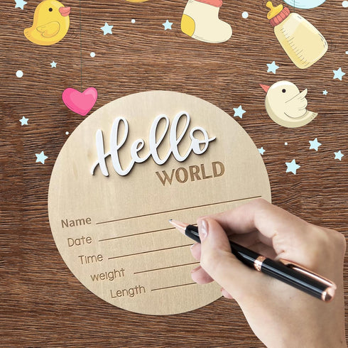 5.9 Inch Baby Announcement Sign, Wooden Hello World Newborn Signs, Birth Announcement Sign, Baby Shower Hospital