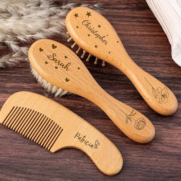 PLOVEGIFT Personalised Baby Hairbrush And Comb Set, Custom Engrave Infant Name Wooden Newborn