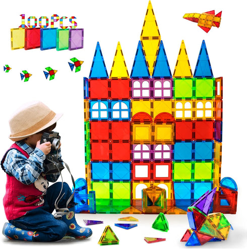 MAGBLOCK Magnet Toys, Kids Magnetic Building Tiles 100 Pcs, 3D Magnetic Blocks, Educational Toys for Toddlers Boys and