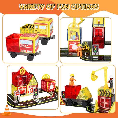 Set 2 2 3-5 5-7, 3+ Magnetic Tiles Road with Fire Trucks & Dolls, Double-Sided Magnet Tiles with Cranes, Toys for Boys