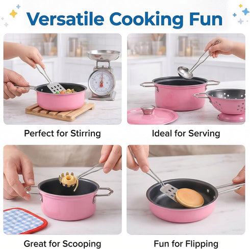 Set, 11 Set Kids Stainless Steel Play Kitchen Piece Pretend Play Pots and Pans Toy Cookware with Utensils & Pot Holder