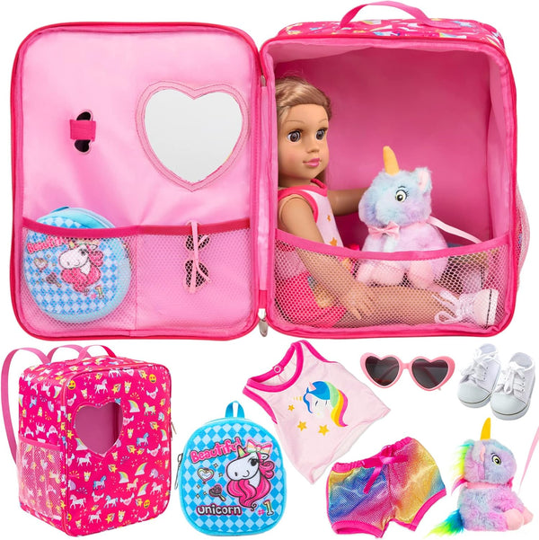 K.T.Fancy 7 PCS 18 Inch Dolls Bag Carrier Set, Includes Doll Clothes, Shoes, Sunglasses, Backpack, Toy Unicorn