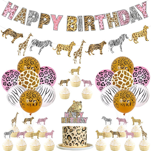 Funmemoir Pink Cheetah Birthday Decorations for Girls, Jungle Safari Theme Party with Happy Banner and Toppers