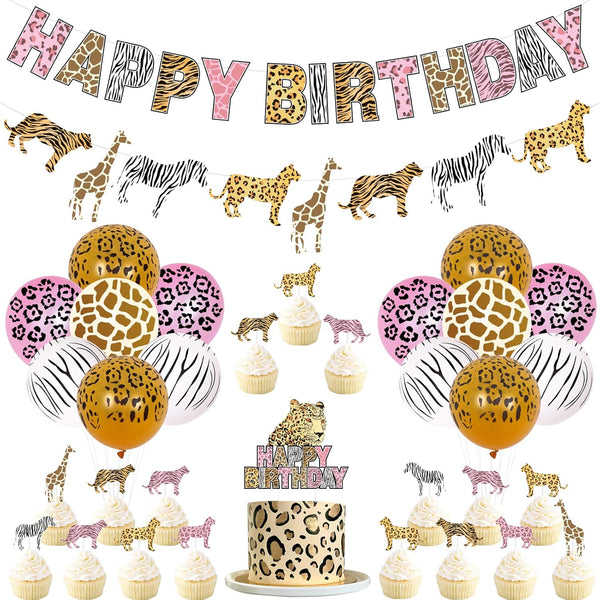 Funmemoir Pink Cheetah Birthday Decorations for Girls, Jungle Safari Theme Party with Happy Banner and Toppers