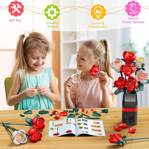MONOFUN 841Pcs Set Flowers Bouquet Building Block, Roses Building with Vase, Home Office Creative Decoration, Valentine