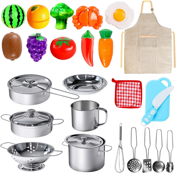 28Pcs Kitchen Playset Cooking Toys, Stainless Steel Cookware and Accessories for Kids, Toddlers, Girls, Boys