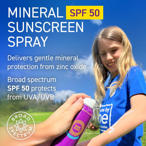 50 6 oz BOB KIDS SPF Sun Spray, Mineral Sunscreen, Non Aerosol Continuous Spray, Water Resistant, Reef Friendly