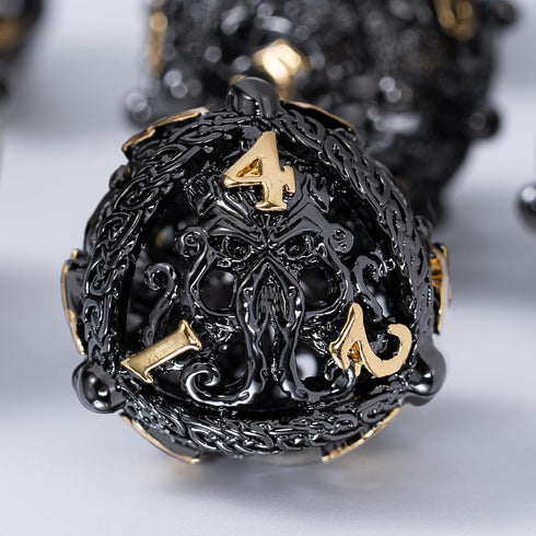 Metal DND Dice Set - Unique Round Hollow Orb Design for Better Rolling - Cthulhu Metal Dice for RPG (Black Gold)