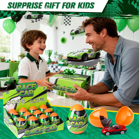Cleboen Set 12 Pack Race Car Surprise Egg for Kids, Blind Eggs with Alloy Race Car Toys Inside, Ideal Birthday Gift