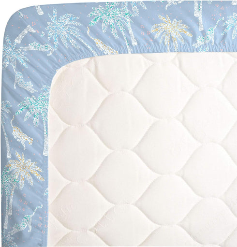 Soft Mini Crib Sheet with Watercolor Tropical Animals - Blue, White & Green