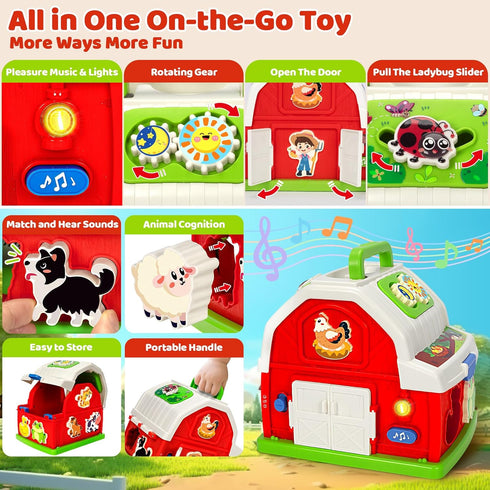 1 2 3 set 12-18 Montessori Toys for Year Old Boys Girls, Musical Barn Farm Animal for Toddler, Shape Sorting