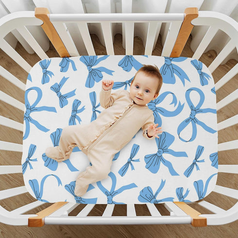 Caikeny 27 39 Fitted Crib Sheet for Boys Girls Cartoon Bows Baby Crib Sheets Blue Ribbon Bassinet Sheets Crib Mattress