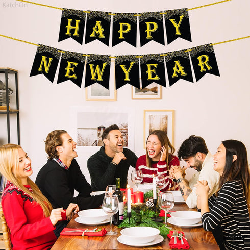 KatchOn Gold and Black Happy New Year Banner - Large 10 Feet Glitter Backdrop for New Years Eve Party Supplies