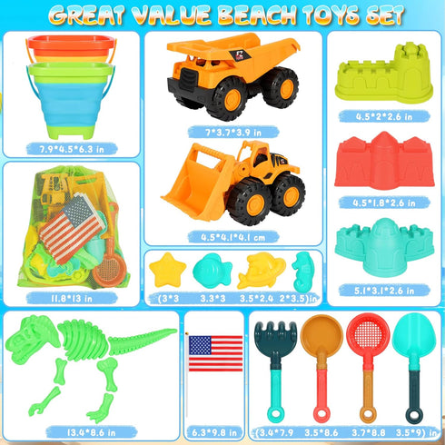 29PCS 2 2 3-10 HUITEM Beach Sand Toys for Kids, Sandbox Toys with Collapsible Bucket Sand, Dump Truck, Dinosaur Molds