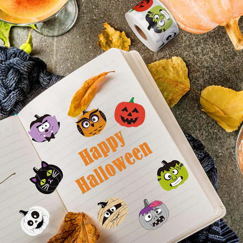 Censen 600 Pieces Halloween Stickers - 1.5 Inch Pumpkin Character Roll Stickers, 8 Designs for Kids Party Decoration