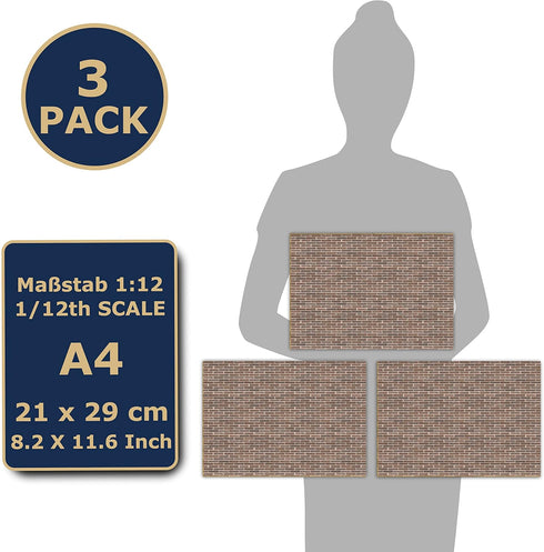 3 Sheets Self-Adhesive Wall Cladding for Dollhouse, 1:12 Scale Brown Bricks