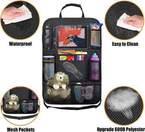 Car Backseat Organizer with 10" Table Holder, 9 Storage Pockets, Seat Back Protectors for Kids, Travel Accessories, 2