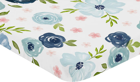 Sweet Jojo Designs Navy Blue and Pink Watercolor Floral Fitted Mini Crib Sheet for Baby Nursery, Blush, Green, White