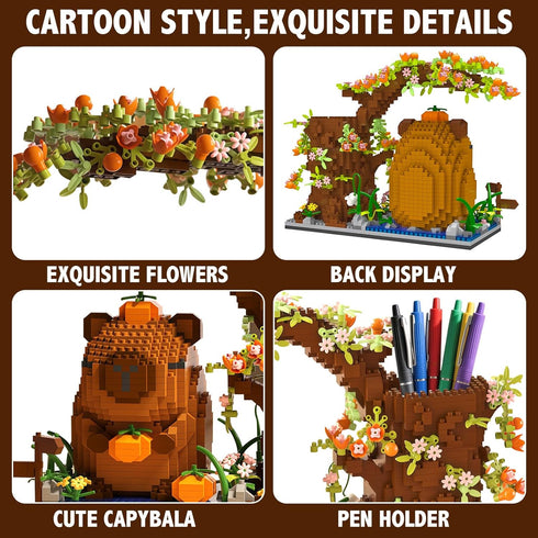 temeilr Set-1880PCSMulti 6 Capybara Micro Building Blocks functional self-assembly Flowers and PLANTS Capybara Cute Pen