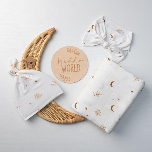Miaoberry Organic Muslin Swaddle Blanket and Hat Set Moon and Stars Nursery