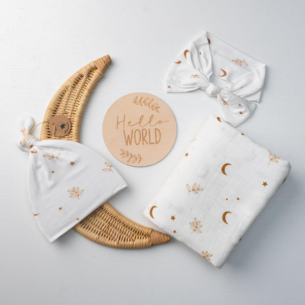 Miaoberry Organic Muslin Swaddle Blanket and Hat Set Moon and Stars Nursery