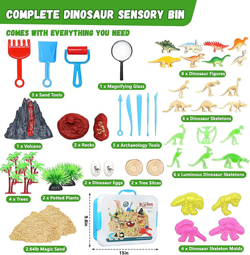 2.64lbs 3 4 5 6 7+ Dinosaur Sensory Bin with Lid, Magic Sand, Dino Figures, Skeletons & Archaeology Tools, Sensory Sand