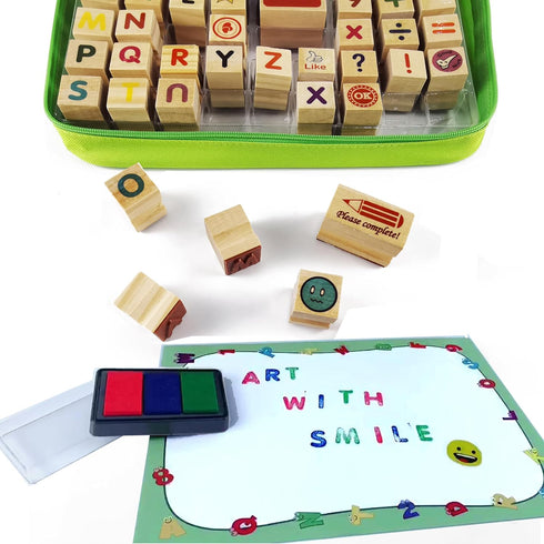 Set 72 3-Color 3 Wooden Large Stamp Premium for Kids. Pcs Alphabet Stamps. Letters, Numbers, Washable Ink Pad, Refill