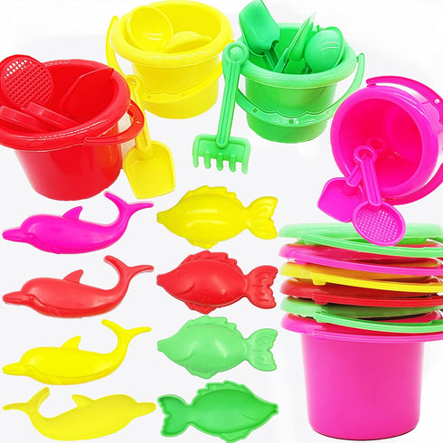 Playsets (Pack 6) 3.25" Set The Dreidel Company Mini Beach Day of Sand Bucket Play Box Includes, Pail, Shovel, Rake