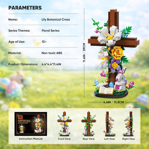 HiDectee Set Christian Cross Flower Building - Jesus Botanical Lily Cross with Bible Base & Spring Garden - Religious