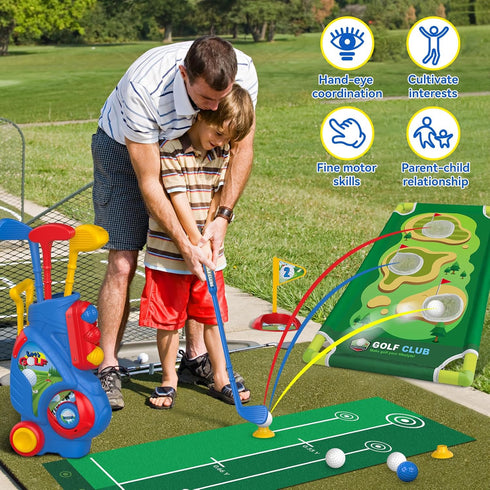 Liberry Toddler Golf Set for Boys & Girls Age 2-5, Upgraded Kids Golf Cart with Cornhole Board & Putting Mat