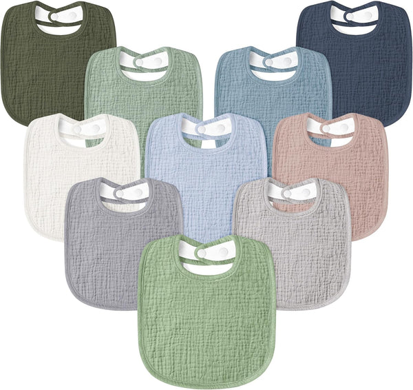Muslin Baby Drool Bibs 10-Pack, Soft Square Adjustable Bandana Bibs for Unisex Newborn Baby Girls & Boys