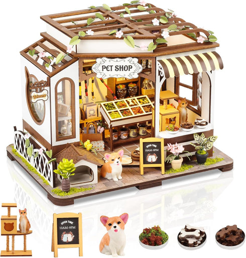 DIY Miniature House Kit,Pet Shop Dollhouse Miniature Kit with LED & Furniture,Mini