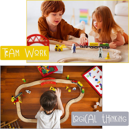 Wooden Train Sets for Boys 2-7, 38 Pcs Wood Train Set with Crane, Bridge & Tracks for 3 Year Olds