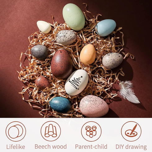 (12PCs) OESSUF Wooden Fake Eggs Easter Eggs Play Eggs for Toddlers Pretend Wood Egg Decor for Play Kitchen Artificial