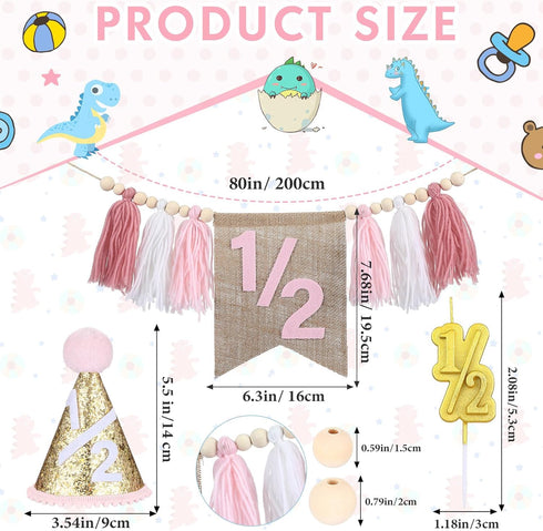 1/2 6 Silipull Birthday Supplies Includes Half Birthday High Chair Banner and Hat Gold Candle Cake Topper Months Tassel
