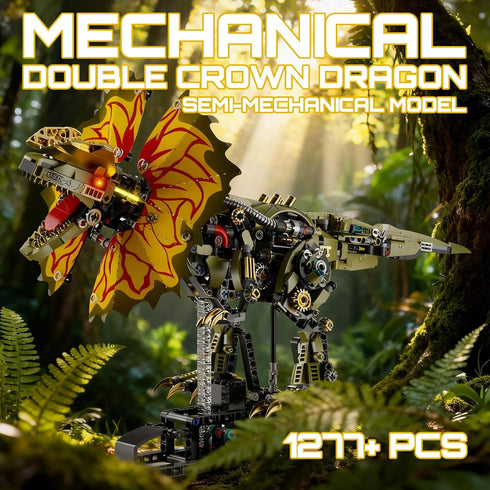 HJPLPXH 1277 Set Pcs Mechanical Dilophosaurus Building Blocks Steampunk Dinosaur Model with LED Eyes and Manual Linkage