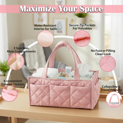 ZONZEE Baby Diaper Caddy Organizer with Zipper Pockets & Dividers Portable Nursery Storage Basket for Diapers, Wipes