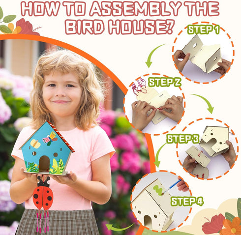 8 Pack 4-8 8-12, 3+ Summer DoodleDoo Bird House & Wind Chime Kits, Buildable Birdhouse DIY Crafts for Kids Ages Arts